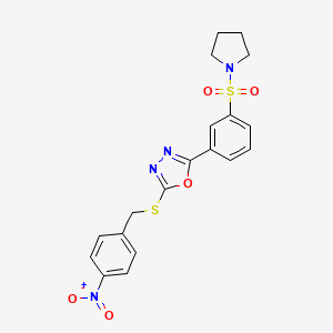 molecular formula C19H18N4O5S2 B2841522 2-((4-Nitrobenzyl)thio)-5-(3-(pyrrolidin-1-ylsulfonyl)phenyl)-1,3,4-oxadiazole CAS No. 941244-47-9