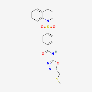molecular formula C20H20N4O4S2 B2841559 4-((3,4-dihydroquinolin-1(2H)-yl)sulfonyl)-N-(5-((methylthio)methyl)-1,3,4-oxadiazol-2-yl)benzamide CAS No. 685837-41-6