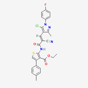 molecular formula C28H22ClFN4O3S B2841609 ethyl 2-[[(E)-3-[5-chloro-1-(4-fluorophenyl)-3-methylpyrazol-4-yl]-2-cyanoprop-2-enoyl]amino]-4-(4-methylphenyl)thiophene-3-carboxylate CAS No. 882152-09-2