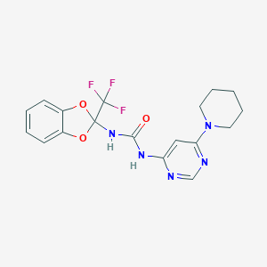 molecular formula C18H18F3N5O3 B284167 N-[6-(1-piperidinyl)-4-pyrimidinyl]-N'-[2-(trifluoromethyl)-1,3-benzodioxol-2-yl]urea 