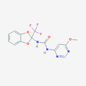 molecular formula C14H11F3N4O4 B284168 1-(6-Methoxypyrimidin-4-yl)-3-[2-(trifluoromethyl)-1,3-benzodioxol-2-yl]urea 