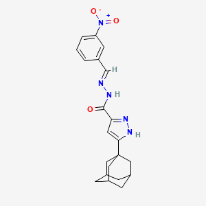 molecular formula C21H23N5O3 B2841693 (E)-3-((1s,3s)-金刚烷-1-基)-N'-(3-硝基苯甲亚甲基)-1H-吡唑-5-羧酰肼 CAS No. 305356-02-9