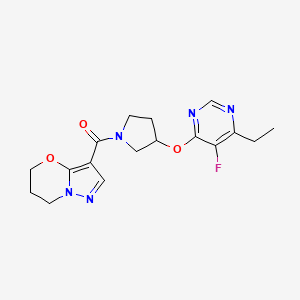 molecular formula C17H20FN5O3 B2841696 (6,7-二氢-5H-嘧啶并[5,1-b][1,3]噁唑-3-基)(3-((6-乙基-5-氟嘧啶-4-基)氧基)吡咯啉-1-基)甲酮 CAS No. 2034362-69-9