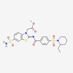 molecular formula C24H28N4O7S3 B2841700 甲酸甲酯2-[2-[4-(2-乙基哌啶-1-基)磺酰基苯甲酰基]亚胺-6-磺酰基-1,3-苯并噻唑-3-基]乙酸酯 CAS No. 865199-42-4