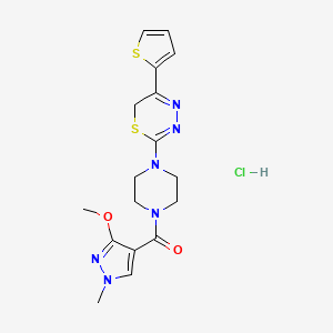 molecular formula C17H21ClN6O2S2 B2841758 (3-methoxy-1-methyl-1H-pyrazol-4-yl)(4-(5-(thiophen-2-yl)-6H-1,3,4-thiadiazin-2-yl)piperazin-1-yl)methanone hydrochloride CAS No. 1351647-53-4