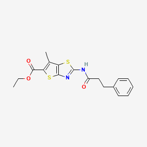molecular formula C18H18N2O3S2 B2841771 Ethyl 6-methyl-2-(3-phenylpropanamido)thieno[2,3-d]thiazole-5-carboxylate CAS No. 681163-39-3