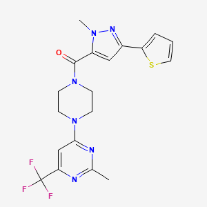 molecular formula C19H19F3N6OS B2841854 (1-methyl-3-(thiophen-2-yl)-1H-pyrazol-5-yl)(4-(2-methyl-6-(trifluoromethyl)pyrimidin-4-yl)piperazin-1-yl)methanone CAS No. 2034412-91-2