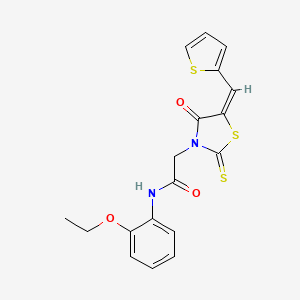 molecular formula C18H16N2O3S3 B2841872 (E)-N-(2-ethoxyphenyl)-2-(4-oxo-5-(thiophen-2-ylmethylene)-2-thioxothiazolidin-3-yl)acetamide CAS No. 637318-20-8