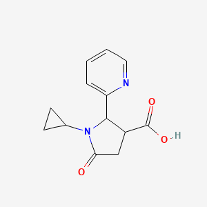 molecular formula C13H14N2O3 B2841896 1-Cyclopropyl-5-oxo-2-(pyridin-2-yl)pyrrolidine-3-carboxylic acid CAS No. 1406787-36-7