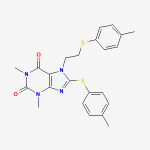 molecular formula C23H24N4O2S2 B2841906 1,3-dimethyl-8-[(4-methylphenyl)sulfanyl]-7-{2-[(4-methylphenyl)sulfanyl]ethyl}-2,3,6,7-tetrahydro-1H-purine-2,6-dione CAS No. 923559-40-4
