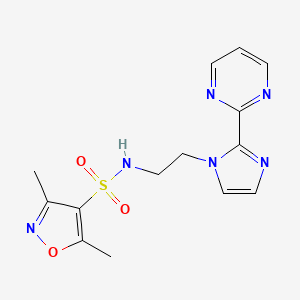 molecular formula C14H16N6O3S B2841975 3,5-dimethyl-N-(2-(2-(pyrimidin-2-yl)-1H-imidazol-1-yl)ethyl)isoxazole-4-sulfonamide CAS No. 1797680-21-7