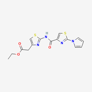 molecular formula C15H14N4O3S2 B2842007 乙酸乙酯 2-(2-(2-(1H-吡咯-1-基)噻唑-4-甲酰胺基)噻唑-4-基)乙酸乙酯 CAS No. 1206999-96-3