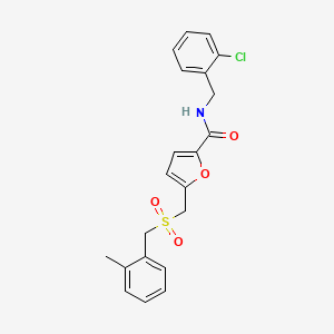 molecular formula C21H20ClNO4S B2842036 N-(2-chlorobenzyl)-5-(((2-methylbenzyl)sulfonyl)methyl)furan-2-carboxamide CAS No. 1428372-58-0