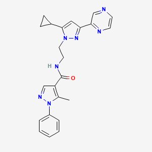molecular formula C23H23N7O B2842117 N-(2-(5-cyclopropyl-3-(pyrazin-2-yl)-1H-pyrazol-1-yl)ethyl)-5-methyl-1-phenyl-1H-pyrazole-4-carboxamide CAS No. 2034549-92-1