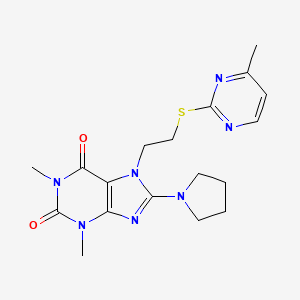 molecular formula C18H23N7O2S B2842119 1,3-dimethyl-7-(2-((4-methylpyrimidin-2-yl)thio)ethyl)-8-(pyrrolidin-1-yl)-1H-purine-2,6(3H,7H)-dione CAS No. 838896-03-0