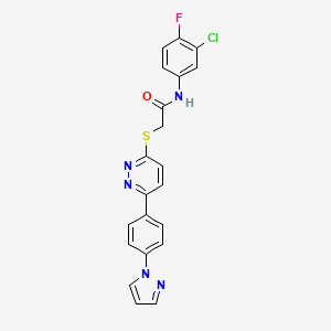 molecular formula C21H15ClFN5OS B2842268 2-((6-(4-(1H-pyrazol-1-yl)phenyl)pyridazin-3-yl)thio)-N-(3-chloro-4-fluorophenyl)acetamide CAS No. 1006831-38-4