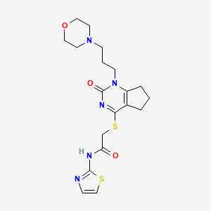 molecular formula C19H25N5O3S2 B2842274 2-((1-(3-morpholinopropyl)-2-oxo-2,5,6,7-tetrahydro-1H-cyclopenta[d]pyrimidin-4-yl)thio)-N-(thiazol-2-yl)acetamide CAS No. 898451-21-3
