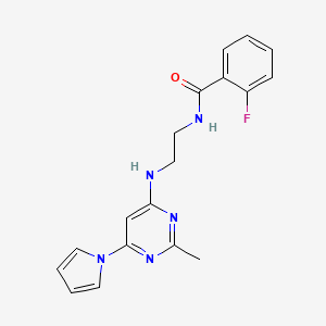 molecular formula C18H18FN5O B2842332 2-氟代-N-(2-((2-甲基-6-(1H-吡咯-1-基)嘧啶-4-基)氨基)乙基)苯甲酰胺 CAS No. 1421499-68-4