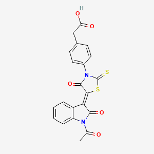 molecular formula C21H14N2O5S2 B2842335 (Z)-2-(4-(5-(1-acetyl-2-oxoindolin-3-ylidene)-4-oxo-2-thioxothiazolidin-3-yl)phenyl)acetic acid CAS No. 868142-27-2