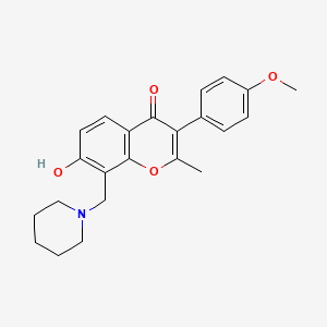 molecular formula C23H25NO4 B2842338 7-hydroxy-3-(4-methoxyphenyl)-2-methyl-8-(piperidin-1-ylmethyl)-4H-chromen-4-one CAS No. 637751-86-1