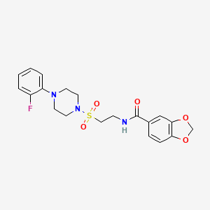 molecular formula C20H22FN3O5S B2842347 N-(2-((4-(2-fluorophenyl)piperazin-1-yl)sulfonyl)ethyl)benzo[d][1,3]dioxole-5-carboxamide CAS No. 899740-21-7