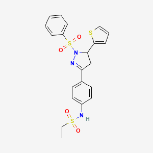 molecular formula C21H21N3O4S3 B2842363 N-[4-[2-(benzenesulfonyl)-3-thiophen-2-yl-3,4-dihydropyrazol-5-yl]phenyl]ethanesulfonamide CAS No. 851781-95-8