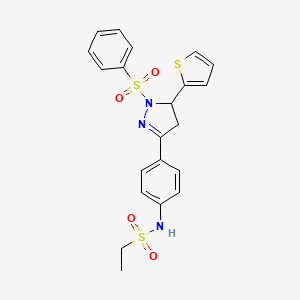 molecular formula C21H21N3O4S3 B2842363 N-{4-[1-(benzenesulfonyl)-5-(thiophen-2-yl)-4,5-dihydro-1H-pyrazol-3-yl]phenyl}ethane-1-sulfonamide CAS No. 851781-95-8