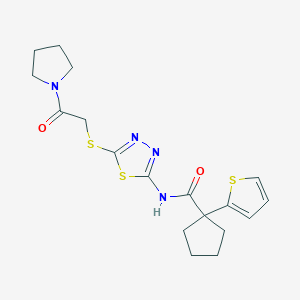 molecular formula C18H22N4O2S3 B2842368 N-(5-((2-oxo-2-(pyrrolidin-1-yl)ethyl)thio)-1,3,4-thiadiazol-2-yl)-1-(thiophen-2-yl)cyclopentanecarboxamide CAS No. 1351643-33-8