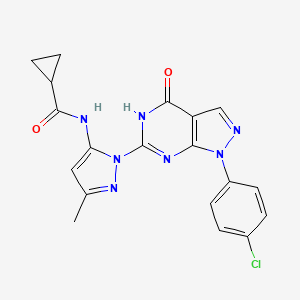 molecular formula C19H16ClN7O2 B2842394 N-(1-(1-(4-chlorophenyl)-4-oxo-4,5-dihydro-1H-pyrazolo[3,4-d]pyrimidin-6-yl)-3-methyl-1H-pyrazol-5-yl)cyclopropanecarboxamide CAS No. 1172359-88-4