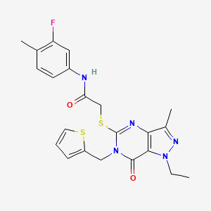 molecular formula C22H22FN5O2S2 B2842484 2-((1-ethyl-3-methyl-7-oxo-6-(thiophen-2-ylmethyl)-6,7-dihydro-1H-pyrazolo[4,3-d]pyrimidin-5-yl)thio)-N-(3-fluoro-4-methylphenyl)acetamide CAS No. 1358957-07-9