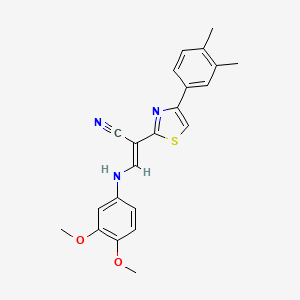 molecular formula C22H21N3O2S B2842506 (E)-3-((3,4-dimethoxyphenyl)amino)-2-(4-(3,4-dimethylphenyl)thiazol-2-yl)acrylonitrile CAS No. 376624-04-3