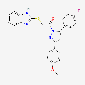 molecular formula C25H21FN4O2S B2842531 2-((1H-benzo[d]imidazol-2-yl)thio)-1-(5-(4-fluorophenyl)-3-(4-methoxyphenyl)-4,5-dihydro-1H-pyrazol-1-yl)ethanone CAS No. 403843-76-5