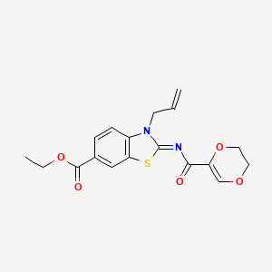molecular formula C18H18N2O5S B2842536 (Z)-乙酸3-烯丙基-2-((5,6-二氢-1,4-二氧杂环戊烷-2-羧酰基)亚胺)-2,3-二氢苯并[d]噻唑-6-羧酸酯 CAS No. 865174-84-1