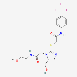 molecular formula C18H21F3N4O4S B2842540 2-((5-(羟甲基)-1-(2-((2-甲氧基乙基)氨基)-2-氧代乙基)-1H-咪唑-2-基)硫代)-N-(4-(三氟甲基)苯基)乙酰胺 CAS No. 921844-67-9