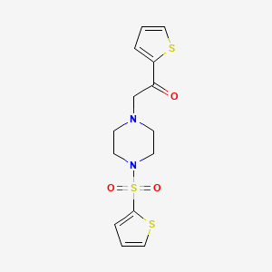 molecular formula C14H16N2O3S3 B2842577 1-(噻吩-2-基)-2-(4-(噻吩-2-基磺酰)哌嗪-1-基)乙酮 CAS No. 1170138-54-1