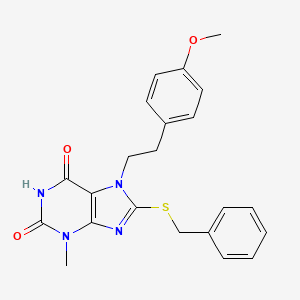 molecular formula C22H22N4O3S B2842641 8-(benzylthio)-7-(4-methoxyphenethyl)-3-methyl-1H-purine-2,6(3H,7H)-dione CAS No. 1105198-18-2