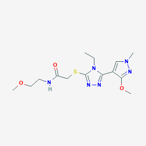 molecular formula C14H22N6O3S B2842683 2-((4-ethyl-5-(3-methoxy-1-methyl-1H-pyrazol-4-yl)-4H-1,2,4-triazol-3-yl)thio)-N-(2-methoxyethyl)acetamide CAS No. 1014094-56-4