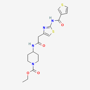 molecular formula C18H22N4O4S2 B2842694 Ethyl 4-(2-(2-(thiophene-3-carboxamido)thiazol-4-yl)acetamido)piperidine-1-carboxylate CAS No. 1211723-16-8