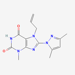 molecular formula C14H16N6O2 B2842701 8-(3,5-Dimethylpyrazolyl)-3-methyl-7-prop-2-enyl-1,3,7-trihydropurine-2,6-dion e CAS No. 1014072-84-4