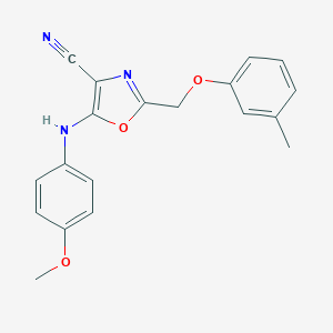 molecular formula C19H17N3O3 B284272 5-(4-Methoxyanilino)-2-[(3-methylphenoxy)methyl]-4-oxazolecarbonitrile 
