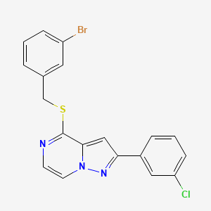 molecular formula C19H13BrClN3S B2842727 4-[(3-Bromobenzyl)thio]-2-(3-chlorophenyl)pyrazolo[1,5-a]pyrazine CAS No. 1223863-33-9