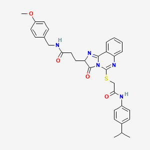 molecular formula C32H33N5O4S B2842734 N-[(4-methoxyphenyl)methyl]-3-{3-oxo-5-[({[4-(propan-2-yl)phenyl]carbamoyl}methyl)sulfanyl]-2H,3H-imidazo[1,2-c]quinazolin-2-yl}propanamide CAS No. 1101804-58-3