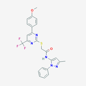 molecular formula C24H20F3N5O2S B284277 2-{[4-(4-methoxyphenyl)-6-(trifluoromethyl)-2-pyrimidinyl]sulfanyl}-N-(3-methyl-1-phenyl-1H-pyrazol-5-yl)acetamide 