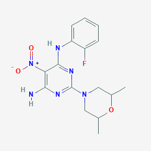 molecular formula C16H19FN6O3 B2842770 2-(2,6-二甲基吗啉-4-基)-N-(2-氟苯基)-5-硝基嘧啶-4,6-二胺 CAS No. 835907-14-7