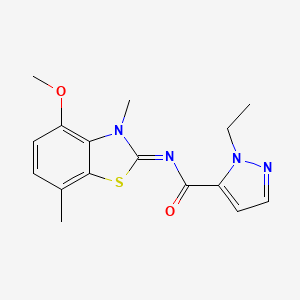 molecular formula C16H18N4O2S B2842806 (E)-1-乙酸乙酯-1-(4-甲氧基-3,7-二甲基苯并[d]噻唑-2(3H)-基亚甲基)-1H-吡唑-5-甲酰胺 CAS No. 1173339-00-8