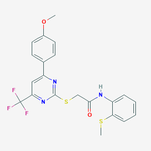 molecular formula C21H18F3N3O2S2 B284282 2-((4-(4-methoxyphenyl)-6-(trifluoromethyl)pyrimidin-2-yl)thio)-N-(2-(methylthio)phenyl)acetamide 