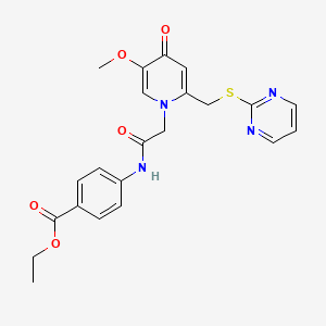 molecular formula C22H22N4O5S B2842890 ethyl 4-(2-(5-methoxy-4-oxo-2-((pyrimidin-2-ylthio)methyl)pyridin-1(4H)-yl)acetamido)benzoate CAS No. 1005292-04-5
