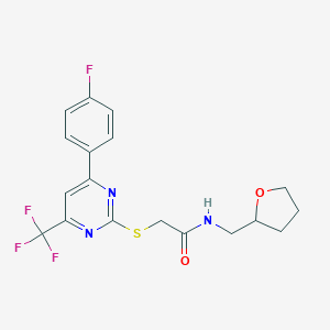 molecular formula C18H17F4N3O2S B284293 2-{[4-(4-fluorophenyl)-6-(trifluoromethyl)-2-pyrimidinyl]sulfanyl}-N-(tetrahydro-2-furanylmethyl)acetamide 