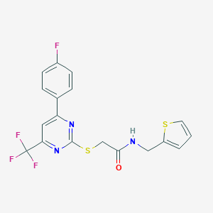 molecular formula C18H13F4N3OS2 B284294 2-[4-(4-Fluoro-phenyl)-6-trifluoromethyl-pyrimidin-2-ylsulfanyl]-N-thiophen-2-ylmethyl-acetamide 
