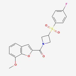 molecular formula C19H16FNO5S B2842946 (3-((4-氟苯基)磺酰)氮杂环丁烷-1-基)(7-甲氧基苯并呋喃-2-基)甲酮 CAS No. 1448064-37-6